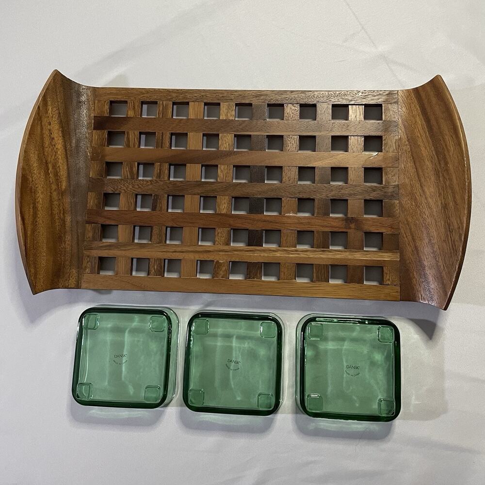 Vintage Dansk Teak Lattice Serving Tray Jens Quistgaard JHQ MCM 3 Glass Dishes